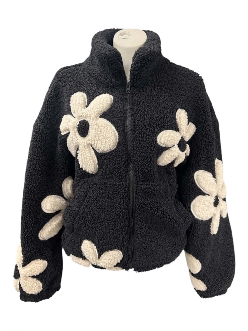 Thread & Supply Black Sherpa Jacket with Cream Daisy Patches Size L